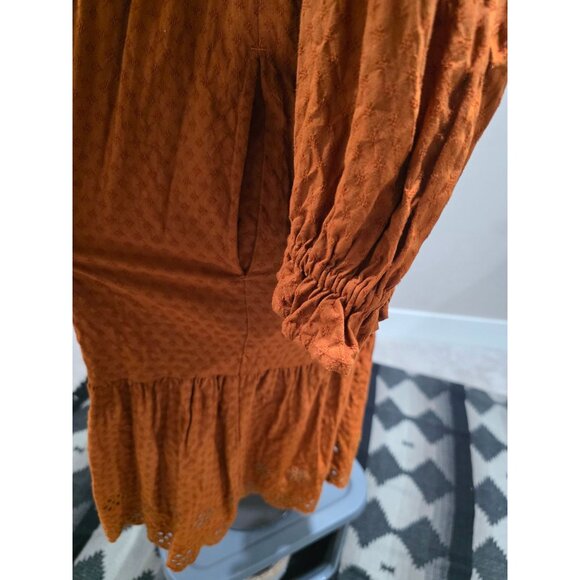 Rust Orange Long-Sleeve Textured Dress W/Eyelet Detailing & Elastic Waist By Uni - Picture 8 of 13
